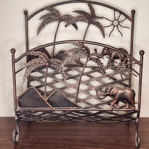 Vtg MCM Wrought Iron Metal Footed Magazine Rack Stand Elephant Palm Tree Safari